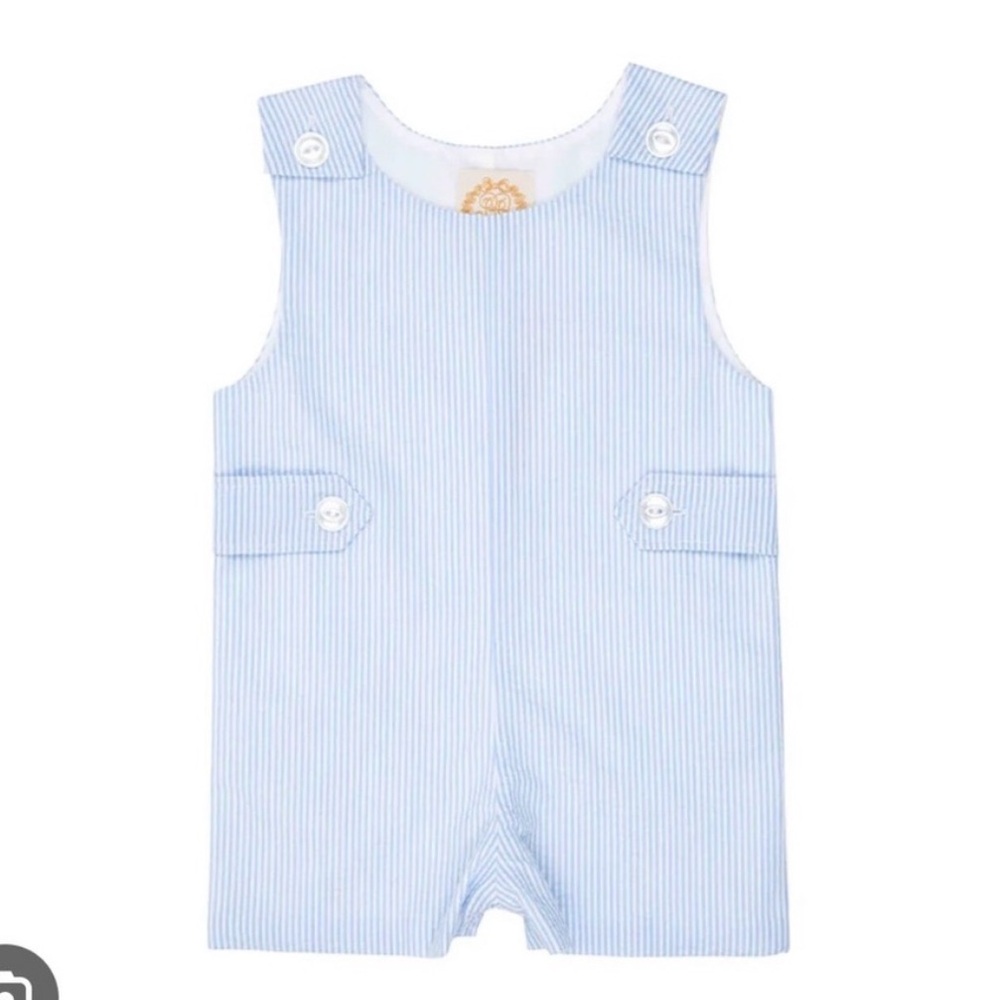 The Beaufort Bonnet Company Light Blue and White Seersucker Baby Romper